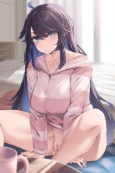 Rule 34 | 1girl, absurdres, ahoge, backlighting, bed, black hair, blue eyes, blue hair, blush, bottomless, breasts, collarbone, colored inner hair, cup, curtains, highres, hood, hooded sweater, indie virtual youtuber, kson, large breasts, long hair, long sleeves, looking at viewer, moisture (chichi), mug, multicolored hair, pink sweater, pussy, sidelocks, sitting, solo, sweater, swept bangs, thighs, virtual youtuber