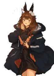 Rule 34 | 1girl, animal ears, blush, brown eyes, brown hair, flower, hair flower, hair ornament, highres, jacket, lm7 (op-center), long hair, looking at viewer, open mouth, original, smile, solo, standing, white background