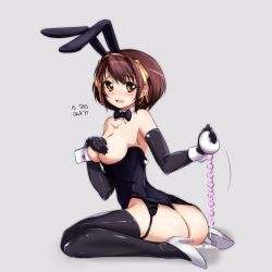 Rule 34 | 1girl, anal beads, anal tail, animal ears, beads, blush, breasts, brown eyes, brown hair, butt plug, covering privates, covering breasts, elbow gloves, fake animal ears, fake tail, garter straps, gloves, grey background, hair ribbon, hard-translated, haruhisky, highres, open mouth, playboy bunny, rabbit ears, rabbit tail, ribbon, sex toy, shoes, short hair, solo, suzumiya haruhi, suzumiya haruhi no yuuutsu, tail, thighhighs, third-party edit, translated, white background, white footwear