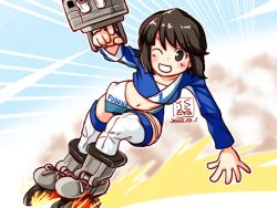 Rule 34 | 1girl, adapted turret, artist name, black hair, brown eyes, brown hair, cannon, cosplay, crop top, dated, grin, inline skates, kantai collection, kutone shirika, long sleeves, midriff, miniskirt, miyuki (kancolle), multicolored clothes, one eye closed, race queen, roller skates, short hair, skates, skirt, smile, solo, turret, usugumo (kancolle), usugumo (kancolle) (cosplay)