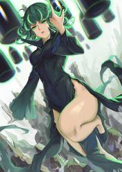Rule 34 | 1girl, bad id, bad pixiv id, black dress, black footwear, breasts, bullet, collared dress, commentary request, curly hair, dress, flipped hair, floating, green eyes, green hair, hand up, highres, impossible clothes, knee up, kyuu (chiu850513), long sleeves, looking up, medium breasts, no panties, one-punch man, open mouth, rock, short hair, side slit, solo, tatsumaki, teeth, telekinesis, thighs, upper teeth only