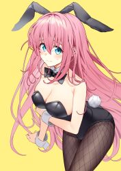 Rule 34 | 1girl, absurdres, animal ears, arm under breasts, bare shoulders, black bow, black bowtie, black leotard, blue eyes, blush, bocchi the rock!, bow, bowtie, breasts, brown pantyhose, chip le cree, cleavage, closed mouth, collarbone, cowboy shot, detached collar, fake animal ears, fake tail, fishnet pantyhose, fishnets, gotoh hitori, hair between eyes, hand on own arm, highres, large breasts, leaning forward, leotard, long hair, looking at viewer, pantyhose, pink hair, playboy bunny, rabbit ears, rabbit tail, raised eyebrows, sidelocks, simple background, solo, standing, strapless, strapless leotard, sweat, tail, tearing up, very long hair, wrist cuffs, yellow background