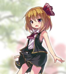 Rule 34 | 1girl, adapted costume, bare arms, blonde hair, blurry, blush, cowboy shot, ascot, depth of field, fang, hair ribbon, looking to the side, open clothes, open mouth, open vest, red eyes, ribbon, rumia, ryogo, shirt, short hair, skirt, sleeveless, sleeveless shirt, solo, touhou, tree, vest, wind