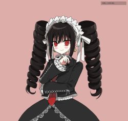 Rule 34 | 1girl, 3tn 63, black hair, black jacket, black nails, black skirt, blush stickers, bonnet, celestia ludenberg, claw ring, closed mouth, cowboy shot, danganronpa: trigger happy havoc, danganronpa (series), drill hair, earrings, frills, gothic lolita, hair between eyes, hand up, jacket, jewelry, lace, lace-trimmed skirt, lace trim, layered skirt, lolita fashion, long hair, long sleeves, looking at viewer, nail polish, neck ribbon, necktie, pink background, print neckwear, red eyes, red neckwear, ribbon, simple background, skirt, smile, solo, translation request, twin drills, twintails