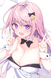Rule 34 | 1girl, animal ears, bare shoulders, black bow, black bowtie, bow, bowtie, breasts, cleavage, collarbone, detached collar, fake animal ears, hair ornament, highres, large breasts, leotard, long hair, looking at viewer, non-web source, open mouth, original, pink hair, playboy bunny, purple eyes, rabbit ears, ryouka (suzuya), simple background, smile, solo, v, white background, wrist cuffs