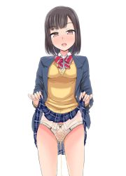 Rule 34 | 1girl, blazer, blue jacket, blue skirt, blush, bow, bow panties, bowtie, breasts, brown eyes, brown hair, censored, clothes lift, female focus, female pubic hair, half-closed eyes, hands up, highres, jacket, jpeg artifacts, lifted by self, long sleeves, medium breasts, nose blush, open mouth, original, panties, pee, peeing, peeing self, plaid, plaid skirt, pleated skirt, pubic hair, pussy, red bow, red bowtie, school uniform, see-through, shirt, short hair, simple background, skirt, skirt lift, smile, solo, sparkle, standing, striped bow, striped bowtie, striped clothes, striped neckwear, sweater, tsuttsu, uncensored, underwear, wet, wet clothes, wet panties, white background, white panties, white shirt, yellow sweater
