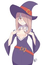 Rule 34 | 1girl, absurdres, belt, blouse, blush, breasts, breasts out, collarbone, cowboy shot, dress, grin, hair over one eye, half-closed eyes, hat, highres, little witch academia, long hair, long sleeves, looking at viewer, nerdbayne, nipples, open clothes, purple dress, purple hair, red eyes, shirt, simple background, small breasts, smile, solo, sucy manbavaran, white background, white shirt, witch hat