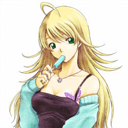 Rule 34 | 00s, blonde hair, bug, butterfly, detached sleeves, food, green eyes, hoshii miki, idolmaster, idolmaster (classic), idolmaster 1, insect, long hair, lowres, popsicle, solo, tattoo