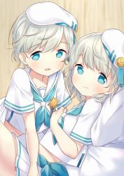 Rule 34 | 1boy, 1girl, 3:, aqua neckerchief, beret, blouse, blush, brother and sister, closed mouth, hat, highres, light smile, looking at viewer, neckerchief, open mouth, original, pleated skirt, sailor, sailor collar, shirt, short sleeves, siblings, silver hair, skirt, smile, suzuki moeko, swept bangs, twins, white shirt, white skirt