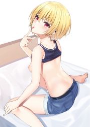 Rule 34 | 1girl, absurdres, amrita (amber78gou), ass, back, bare shoulders, barefoot, belt, blonde hair, blue shorts, blue tank top, blush, breasts, breasts out, clothes lift, denim, denim shorts, ear piercing, artistic error, hair between eyes, highres, idolmaster, idolmaster shiny colors, looking at viewer, looking back, medium breasts, nipples, on bed, piercing, purple eyes, saijo juri, shirt lift, short hair, shorts, simple background, sitting, solo, tank top, thighs, tongue, tongue out, w, wariza, white background