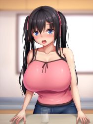 Rule 34 | 1girl, bare shoulders, black hair, blue eyes, blurry, blurry background, blush, breasts, cleavage, cup, drinking glass, embarrassed, female focus, hair between eyes, highres, huge breasts, indoors, legs, looking at viewer, nose blush, open mouth, original, pink tank top, shorts, solo, standing, table, tank top, tapisuke, thighs, twintails, window