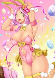 Rule 34 | 1girl, absurdres, blade &amp; soul, breasts, closed mouth, curvy, facial tattoo, female focus, green eyes, hair ornament, highres, huge breasts, jin (blade &amp; soul), large breasts, long hair, navel, original, pink hair, rabbit girl, shiny skin, simple background, smile, solo, tattoo