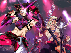 Rule 34 | 1girl, 2boys, band, capcom, chinese clothes, cross, cross necklace, drill hair, dudou, electric guitar, fingerless gloves, gloves, guitar, halterneck, han juri, instrument, jewelry, m. bison, mask, microphone, microphone stand, midriff, multiple boys, necklace, open mouth, otaking, street fighter, street fighter iv (series), topless male, trait connection, twin drills, vega (street fighter)