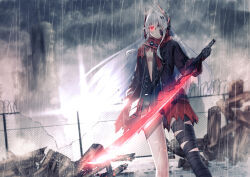 Rule 34 | 1girl, alpha (punishing: gray raven), bandaged leg, bandages, black bandages, black jacket, chinese commentary, commentary, glowing, glowing eyes, glowing sword, glowing weapon, gradient clothes, gradient jacket, grey eyes, grey hair, hair between eyes, hair ornament, headgear, headphones, heterochromia, holding, holding sword, holding weapon, jacket, long hair, looking at viewer, lucia: crimson abyss (punishing: gray raven), mechanical arms, open clothes, open jacket, punishing: gray raven, rain, red eyes, red jacket, red scarf, scarf, sidelocks, solo, sword, tp6vul3vm06, very long hair, weapon