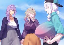 Rule 34 | 3girls, absurdres, backwards hat, baseball cap, blonde hair, blue eyes, breasts, bright pupils, character request, colored eyelashes, commentary request, hat, highres, holding hands, huge breasts, kanata (evuoaniramu), large breasts, light purple hair, long hair, low ponytail, mizuumi (bb), multiple girls, open mouth, original, ponytail, purple eyes, purple hair, riyu (evuoaniramu), short hair, short hair with long locks, short ponytail, sidelocks, smile, white hair
