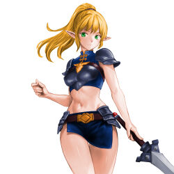 Rule 34 | 1girl, armor, belt, blonde hair, blue skirt, boobplate, breastplate, breasts, closed mouth, covered erect nipples, elf, floating hair, frown, green eyes, highres, holding, holding sword, holding weapon, long hair, medium breasts, minamoto80486, miniskirt, navel, pointy ears, purple belt, shoulder armor, simple background, skirt, solo, sword, thighs, weapon, white background, wizardry