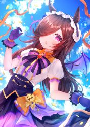 Rule 34 | 1girl, animal ears, black skirt, blouse, blush, brown hair, buttons, cloud, cloudy sky, collared shirt, day, demon wings, gloves, hair over one eye, haruhitooo, highres, horse ears, horse girl, long hair, open mouth, puffy short sleeves, puffy sleeves, purple eyes, purple gloves, rice shower (make up vampire!) (umamusume), rice shower (umamusume), shirt, short sleeves, skirt, sky, solo, umamusume, upper body, white shirt, wings