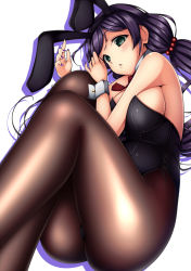 Rule 34 | 10s, 1girl, animal ears, black pantyhose, breasts, fake animal ears, from side, green eyes, hair bobbles, hair ornament, jk-ff, leotard, long hair, looking at viewer, love live!, love live! school idol project, nail polish, pantyhose, playboy bunny, purple hair, purple nails, rabbit ears, shiny clothes, simple background, solo, tojo nozomi, twintails, white background, wrist cuffs
