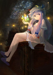 Rule 34 | 2girls, around corner, book, capelet, coat, crescent, crossed legs, demon girl, demon wings, desk, dress, earrings, floating, gem, hair ribbon, hat, head wings, highres, indoors, jewelry, koakuma, lantern, legs, library, long hair, long sleeves, looking at viewer, magic, mob cap, multiple girls, open clothes, open coat, patchouli knowledge, peeking out, purple eyes, purple hair, ribbon, shoe dangle, sidelocks, signature, sitting, slippers, stained glass, striped clothes, striped dress, too many, too many books, touhou, tress ribbon, very long hair, voile, wings, you (shimizu)
