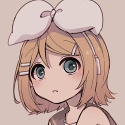 Rule 34 | 1girl, bare shoulders, beige background, blonde hair, blue eyes, bow, collar, expressionless, grey collar, hair bow, headphones, kagamine rin, looking at viewer, parted lips, portrait, sailor collar, sazanami (ripple1996), short hair, solo, swept bangs, vocaloid