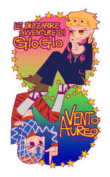 Rule 34 | 2boys, animal print, blonde hair, boots, braid, copyright name, crossed legs, dated, giorno giovanna, gradient background, guido mista, hand on own chin, hand on own knee, hat, jojo no kimyou na bouken, multiple boys, nishiyama (whatsoy), pointing, polka dot, polka dot background, purple hair, smile, star (symbol), tiger print, upside-down, vento aureo, white footwear, yellow eyes