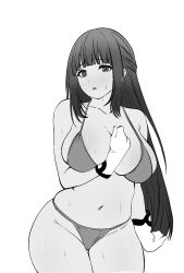 Rule 34 | 1girl, bikini, blunt bangs, blush, breasts, cowboy shot, curvy, ding36, fern (sousou no frieren), gloves, highres, large breasts, long hair, looking at viewer, monochrome, navel, open mouth, plump, simple background, skindentation, solo, sousou no frieren, sweat, swimsuit, white background, wide hips