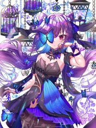 Rule 34 | 1girl, absurdres, armpits, bug, butterfly, collarbone, commentary request, cone hair bun, detached sleeves, dojo, dress, genshin impact, hair between eyes, hair bun, hair ornament, highres, insect, keqing (genshin impact), keqing (opulent splendor) (genshin impact), long hair, looking at viewer, official alternate costume, one eye covered, purple eyes, purple hair, short sleeves, sidelocks, solo, strapless, strapless dress, twintails, viclim-monou