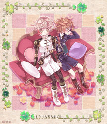 Rule 34 | 10s, 2boys, armor, blonde hair, boots, brown eyes, brown hair, clover, couch, cross-laced footwear, four-leaf clover, gotou toushirou, japanese armor, lace-up boots, pantyhose under shorts, male focus, military, military uniform, monoyoshi sadamune, multicolored hair, multiple boys, necktie, pantyhose, pantyhose under shorts, pillow, ponac, print legwear, shorts, shoulder armor, sitting, smile, sode, streaked hair, touken ranbu, uniform, yellow eyes