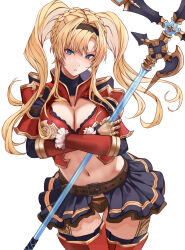 Rule 34 | 1girl, armor, belt, bikini armor, blonde hair, blue eyes, blue skirt, braid, breasts, brown belt, brown hairband, cleavage, covering breasts, covering privates, cowboy shot, crossed arms, crown braid, gauntlets, gold armor, gold trim, granblue fantasy, hair intakes, hairband, highres, holding, holding polearm, holding weapon, large breasts, leg armor, long hair, looking at viewer, navel, parted bangs, parted lips, polearm, red armor, shoulder armor, showgirl skirt, simple background, skirt, solo, stomach, thigh armor, thigh gap, twintails, v-shaped eyebrows, weapon, white background, zeta (granblue fantasy), zundakun0123