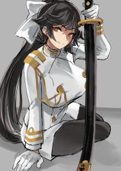 Rule 34 | 1girl, aiguillette, azur lane, black hair, bow, breasts, brown eyes, covered erect nipples, gloves, gold trim, grey background, hair bow, hair flaps, highres, holding, holding sword, holding weapon, hotate-chan, huge breasts, katana, large breasts, long hair, military, military uniform, miniskirt, pantyhose, ponytail, ribbon, simple background, sitting, sketch, skirt, smile, solo, sword, takao (azur lane), thighband pantyhose, unfinished, uniform, very long hair, weapon, white bow, white gloves, white ribbon