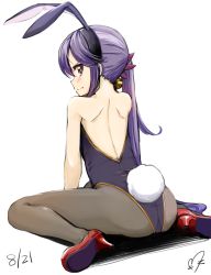 Rule 34 | 10s, 1girl, akebono (kancolle), ass, bell, black pantyhose, brown eyes, flower, hair bell, hair flower, hair ornament, jingle bell, kantai collection, leotard, long hair, momo (higanbana and girl), pantyhose, playboy bunny, purple hair, rabbit tail, side ponytail, simple background, sitting, solo, tail, wariza