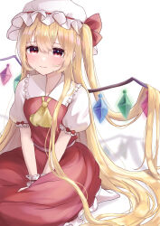 Rule 34 | 1girl, absurdly long hair, absurdres, alternate hair length, alternate hairstyle, ascot, blonde hair, blush, breasts, closed mouth, crystal, eyes visible through hair, flandre scarlet, frilled shirt collar, frilled sleeves, frills, glowing, glowing wings, hair between eyes, hands on lap, hat, highres, light smile, long hair, looking at viewer, mob cap, multicolored wings, naarsann, puffy short sleeves, puffy sleeves, red skirt, red vest, seiza, shadow, shirt, short sleeves, simple background, sitting, skirt, small breasts, solo, touhou, v arms, very long hair, vest, white background, white hat, white shirt, wings, yellow ascot