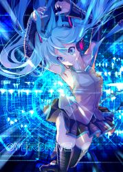 Rule 34 | 1girl, aqua eyes, aqua hair, aqua necktie, armpits, arms up, bare shoulders, black skirt, black sleeves, black thighhighs, boots, commentary, copyright name, detached sleeves, english commentary, english text, full body, grey shirt, hair ornament, hatsune miku, headphones, headset, highres, leg up, light smile, long hair, looking down, miniskirt, necktie, panties, pantyshot, piano print, shirt, skirt, sleeveless, sleeveless shirt, solo, striped clothes, striped panties, takepon1123, thigh boots, thighhighs, twintails, underwear, very long hair, vocaloid, zettai ryouiki