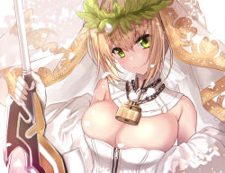 Rule 34 | 1girl, aestus estus, ahoge, bare shoulders, blonde hair, blush, breasts, bridal veil, chain, cleavage, closed mouth, detached collar, fate/extra, fate/extra ccc, fate (series), green eyes, hair between eyes, hair intakes, highres, large breasts, leotard, lock, long hair, looking at viewer, nero claudius (bride) (fate), nero claudius (bride) (third ascension) (fate), nero claudius (fate), nero claudius (fate) (all), padlock, petals, smile, solo, sword, untue, veil, weapon, white leotard, zipper