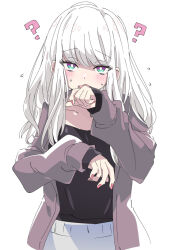 Rule 34 | 1girl, ?, aqua eyes, bright pupils, copyright request, ixy, jacket, long hair, looking at viewer, open clothes, open jacket, purple jacket, simple background, solo, white background, white hair, white pupils