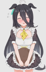 Rule 34 | 1girl, absurdres, ahoge, alternate costume, apron, ascot, black dress, black hair, breasts, cleavage cutout, closed eyes, clothing cutout, commentary request, cowboy shot, dress, earrings, enmaided, facing viewer, hair between eyes, highres, hojichabu, holding, holding tray, horse girl, horse tail, jewelry, long bangs, long hair, maid, maid apron, manhattan cafe (umamusume), medium breasts, open mouth, pleated dress, puffy short sleeves, puffy sleeves, short sleeves, simple background, single earring, solo, sweatdrop, tail, tray, umamusume, white apron, white background, yellow ascot