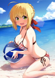Rule 34 | 10s, 1girl, :d, ahoge, bad proportions, ball, bare arms, bare legs, bare shoulders, barefoot, beach, beachball, bikini, black ribbon, blonde hair, blue sky, blurry, blush, breasts, brown eyes, cleavage, cloud, collarbone, day, depth of field, double bun, fate/extra, fate/extra ccc, fate (series), front-tie bikini top, front-tie top, green eyes, hair bun, hair ribbon, happy, heart, heart print, highres, holding, holding ball, large breasts, leaning forward, lens flare, long hair, looking at viewer, looking to the side, nero claudius (fate), nero claudius (fate) (all), nero claudius (fate/extra), ocean, open mouth, outdoors, pink bikini, print bikini, red ribbon, ribbon, saber (fate/extra), short hair, side-tie bikini bottom, sidelocks, sitting, sky, smile, solo, sparkle, subaru (794829485), summer, swimsuit, tareme, wariza, water