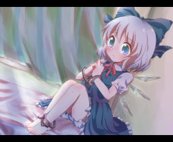 Rule 34 | 1girl, bad id, bad pixiv id, barefoot, blue eyes, blue hair, blush, cirno, cuffs, dress, handcuffs, highres, ice, kuromame (8gou), letterboxed, ribbon, short hair, solo, tears, touhou, wings