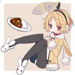 Rule 34 | 1girl, animal ears, animal slippers, black hairband, blonde hair, border, bow, bowtie, brown background, bunny slippers, commentary, curry, curry rice, disgaea, fake animal ears, fang, food, full body, fur-trimmed jacket, fur-trimmed sleeves, fur trim, hairband, hands up, happy cream, highres, jacket, looking at viewer, makai senki disgaea 5, open mouth, outside border, pantyhose, rabbit earmuffs, rabbit ears, red bow, red bowtie, red eyes, rice, scarf, short eyebrows, short hair, simple background, skin fang, slippers, solo, thick eyebrows, usalia (disgaea), white border, white scarf, yellow jacket