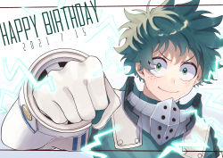 Rule 34 | 1boy, absurdres, blush, bodysuit, boku no hero academia, clenched hand, electricity, foreshortening, freckles, gloves, green bodysuit, green eyes, green hair, happy birthday, highres, looking at viewer, male focus, mask, unworn mask, midoriya izuku, rapiko, smile, solo, v-shaped eyebrows, white background, white gloves