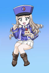 Rule 34 | 1girl, :d, bc freedom (emblem), bc freedom military uniform, blonde hair, blue background, blue hat, blue jacket, blue vest, cake, chibi, commentary, dress shirt, drill hair, emblem, food, fork, girls und panzer, green eyes, hat, high collar, holding, holding food, holding fork, jacket, kepi, long hair, long sleeves, looking at viewer, marie (girls und panzer), military, military hat, open mouth, pleated skirt, shirt, simple background, sitting, skirt, smile, solo, sudou heichou, vest, white shirt, white skirt