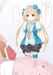Rule 34 | 10s, 1girl, bar censor, blonde hair, blue thighhighs, censored, cum, futaba anzu, hat, idolmaster, idolmaster cinderella girls, imachi (staccato squirrel), long hair, necktie, open mouth, penis, pink eyes, pinstripe pattern, puffy short sleeves, puffy sleeves, rabbit, short sleeves, short twintails, standing, striped, stuffed animal, stuffed toy, thighhighs, translated, twintails, very long hair, wrist cuffs