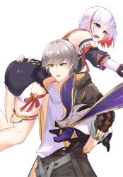 Rule 34 | 1boy, 1girl, absurdres, ass, bare shoulders, black jacket, caelus (honkai: star rail), colored inner hair, commentary, cowboy shot, detached sleeves, feet out of frame, grey eyes, grey hair, hair ornament, highres, holding, honkai: star rail, honkai (series), jacket, multicolored hair, numby (honkai: star rail), open clothes, open jacket, red hair, ryz (ujrn7248), shorts, simple background, standing, streaked hair, thigh strap, thighs, topaz (honkai: star rail), trailblazer (honkai: star rail), trotter (honkai: star rail), white background, white hair, white shorts