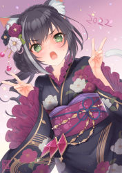 Rule 34 | 1girl, 2022, animal ear fluff, animal ears, black flower, black hair, black kimono, braid, cat ears, cat girl, cat tail, commentary request, double v, floral print, flower, frilled sleeves, frills, green eyes, grey hair, hair bun, hair flower, hair ornament, hands up, japanese clothes, karyl (new year) (princess connect!), karyl (princess connect!), kimono, long sleeves, multicolored hair, obi, open mouth, princess connect!, print kimono, purple flower, sanom, sash, single hair bun, solo, streaked hair, tail, tail raised, v, white flower, wide sleeves