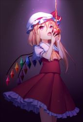 Rule 34 | 1girl, apple, ascot, blonde hair, commentary request, cowboy shot, crystal, dark background, eating, fang, flandre scarlet, food, frilled skirt, frills, fruit, hat, hat ribbon, highres, honey, jenevan, looking at viewer, mob cap, open mouth, puffy short sleeves, puffy sleeves, purple background, purple eyes, red ribbon, red skirt, red vest, ribbon, short sleeves, side ponytail, skirt, solo, touhou, vest, white hat, wings