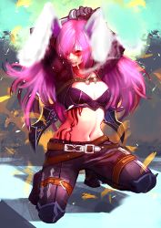 Rule 34 | 1girl, alternate costume, animal ears, arms behind head, arms up, bad id, bad pixiv id, black pants, breasts, rabbit ears, cigarette, cleavage, cosplay, crop top, cropped jacket, denim, derivative work, hair over one eye, jeans, katarina (league of legends), katarina du couteau (cosplay), league of legends, lips, long hair, looking at viewer, midriff, navel, on one knee, pants, purple eyes, purple hair, rabbit girl, reisen udongein inaba, smoking, solo, tattoo, third-party edit, touhou, yuudai (oromizu)