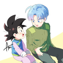 Rule 34 | 10s, 2boys, :d, age difference, artist name, azu (kirara310), bad id, bad pixiv id, black eyes, black hair, blue eyes, blue hair, child, chinese clothes, dragon ball, dragon ball super, dragonball z, happy, long sleeves, male focus, multiple boys, open mouth, short hair, simple background, smile, son goten, spiked hair, talking, trunks (dragon ball), trunks (future) (dragon ball), white background