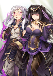 Rule 34 | 2girls, ;q, black eyes, black hair, blush, breast envy, breasts, bridal gauntlets, brown gloves, cape, circlet, cleavage, corruption, covered navel, dark persona, dress, female focus, fire emblem, fire emblem awakening, fire emblem heroes, ge-b, gloves, grima (fire emblem), hand up, highres, intelligent systems, large breasts, long hair, matching hair/eyes, medium breasts, multiple girls, nail polish, naughty face, nintendo, one eye closed, open mouth, possessed, possession, purple eyes, red eyes, red nails, robin (female) (fire emblem), robin (fire emblem), saliva, seductive smile, silver hair, simple background, smile, standing, sweat, tharja (bridal) (fire emblem), tharja (fire emblem), tongue, tongue out, twintails, two side up, wedding dress, wizard, yuri
