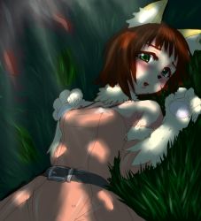 Rule 34 | 1girl, amami haruka, animal ears, animal nose, blush, breasts, clearite, dappled sunlight, furry, furry female, grass, green eyes, idolmaster, idolmaster (classic), looking at viewer, lying, medium breasts, on back, solo, sunlight, wolf ears, wolf paws
