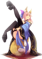 Rule 34 | 10s, 1girl, animal ears, bare shoulders, black footwear, black thighhighs, blue bow, blush, bow, breasts, brown eyes, carpet, cleavage, closed mouth, collarbone, detached collar, detached sleeves, fang, fang out, fate/extra, fate (series), faux figurine, floating, fox ears, fox tail, fu-ta, full body, geta, hair bow, leg up, loincloth, looking at viewer, panties, pink hair, platform clogs, ponytail, red carpet, sandals, shoes, short hair, simple background, smirk, solo, tabi, tail, tamamo (fate), tamamo no mae (fate/extra), tassel, thighhighs, thighs, tooth, underwear, white background, white panties